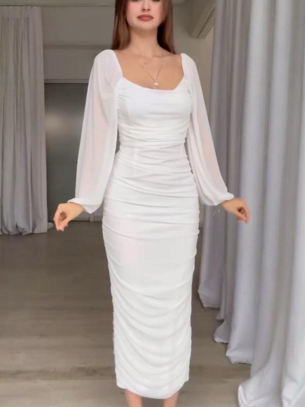 Ruched Sheer Long Sleeve Dress
